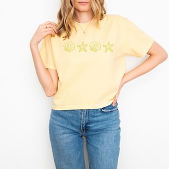Embroidered Starfish and Shells - Women's Boxy Crop Top Graphic T-Shirt