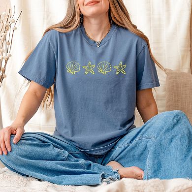 Embroidered Starfish and Shells - Women's Garment Dyed Graphic T-Shirt