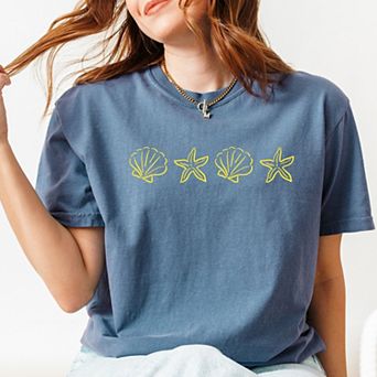 Embroidered Starfish and Shells - Women's Garment Dyed Graphic T-Shirt