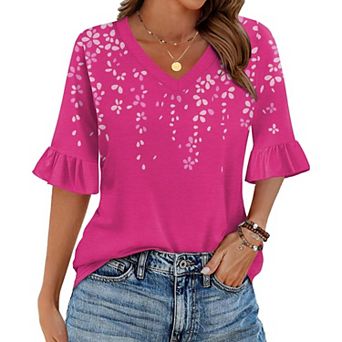 Zeagoo Women s Print Ruffle Sleeve V Neck Loose Blouses Casual Tunic Tops
