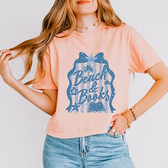 Beach & Books Blue - Women's Boxy Crop Top Graphic T-Shirt