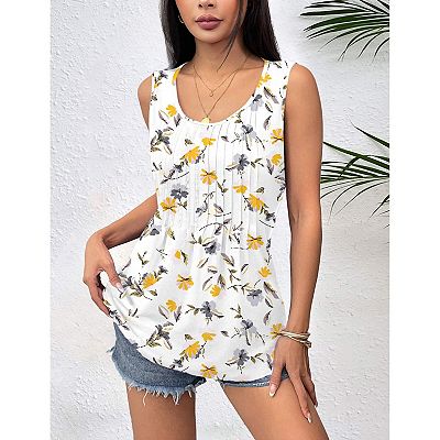 Zeagoo Women's Summer Pleated Crew Neck Floral Sleeveless Tank