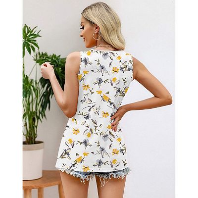 Zeagoo Women's Summer Pleated Crew Neck Floral Sleeveless Tank