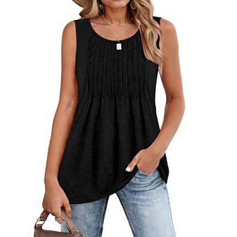 Zeagoo Women's Summer Pleated Crew Neck Floral Sleeveless Tank Tops Loose Flowy Boho Tunic Shirts