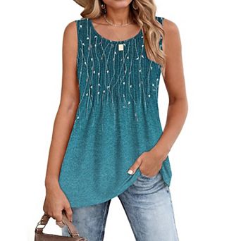 Zeagoo Women's Summer Pleated Crew Neck Floral Sleeveless Tank Tops Loose Flowy Boho Tunic Shirts