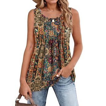 Zeagoo Women's Summer Pleated Crew Neck Floral Sleeveless Tank Tops Loose Flowy Boho Tunic Shirts