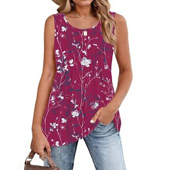 Zeagoo Women's Summer Pleated Crew Neck Floral Sleeveless Tank Tops Loose Flowy Boho Tunic Shirts