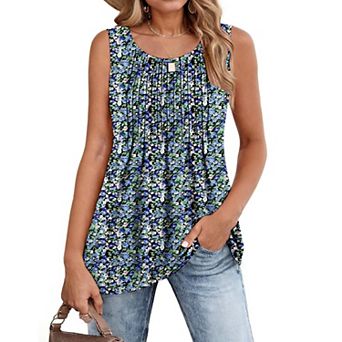 Zeagoo Women's Summer Pleated Crew Neck Floral Sleeveless Tank Tops Loose Flowy Boho Tunic Shirts