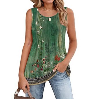 Zeagoo Women's Summer Pleated Crew Neck Floral Sleeveless Tank Tops Loose Flowy Boho Tunic Shirts