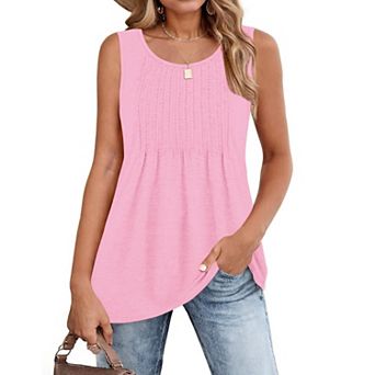 Zeagoo Women's Summer Pleated Crew Neck Floral Sleeveless Tank Tops Loose Flowy Boho Tunic Shirts