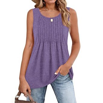 Zeagoo Women's Summer Pleated Crew Neck Floral Sleeveless Tank Tops Loose Flowy Boho Tunic Shirts