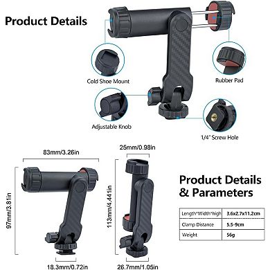 Phone Mount Holder ,Universal Adjustable Smartphone Clamp with Dual Cold Shoe Mounts