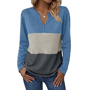 Zeagoo Women's Waffle Knit Shirts Casual V Neck Tunics Color Block Long Sleeve Tops