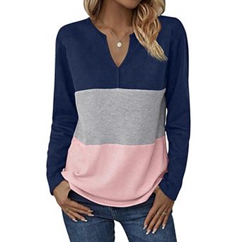Zeagoo Women s Waffle Knit Shirts Casual V Neck Tunics Color Block Long Sleeve Tops