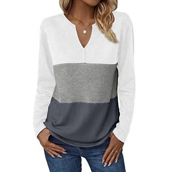 Zeagoo Women s Waffle Knit Shirts Casual V Neck Tunics Color Block Long Sleeve Tops