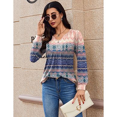Zeagoo Women s Fall V Neck Button Blouse, Long Sleeve Pleated Boho Tunic Tops