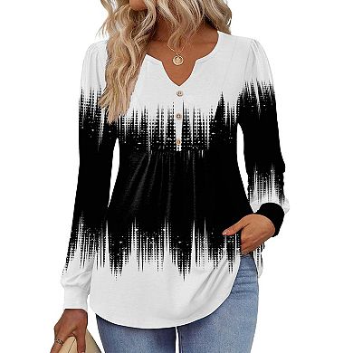 Zeagoo Women s Fall V Neck Button Blouse, Long Sleeve Pleated Boho Tunic Tops