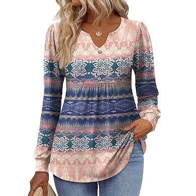 Zeagoo Women s Fall V Neck Button Blouse, Long Sleeve Pleated Boho Tunic Tops