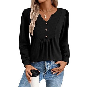 Zeagoo Women's Fall V Neck Button Blouse, Long Sleeve Pleated Floral Boho Tunic Tops