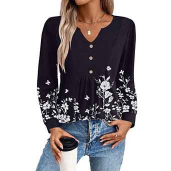 Zeagoo Women s Fall V Neck Button Blouse, Long Sleeve Pleated Boho Tunic Tops