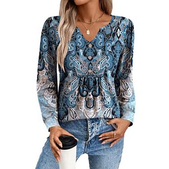 Zeagoo Women's Fall V Neck Button Blouse, Long Sleeve Pleated Floral Boho Tunic Tops