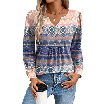 Zeagoo Women's Fall V Neck Button Blouse, Long Sleeve Pleated Floral Boho Tunic Tops