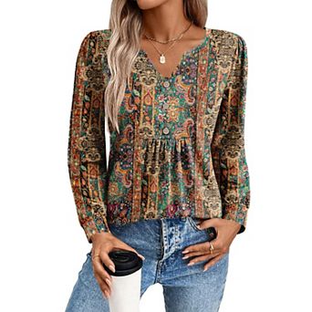 Zeagoo Women's Fall V Neck Button Blouse, Long Sleeve Pleated Floral Boho Tunic Tops