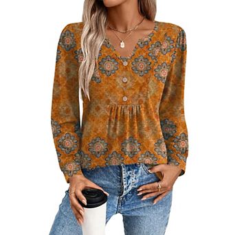 Zeagoo Women s Fall V Neck Button Blouse, Long Sleeve Pleated Boho Tunic Tops