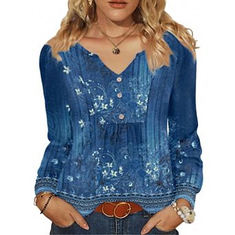 Zeagoo Women s Fall V Neck Button Blouse, Long Sleeve Pleated Boho Tunic Tops