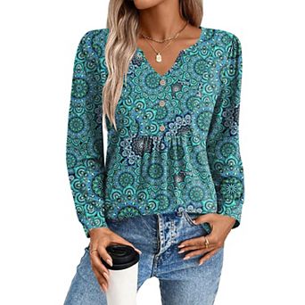 Zeagoo Women's Fall V Neck Button Blouse, Long Sleeve Pleated Floral Boho Tunic Tops