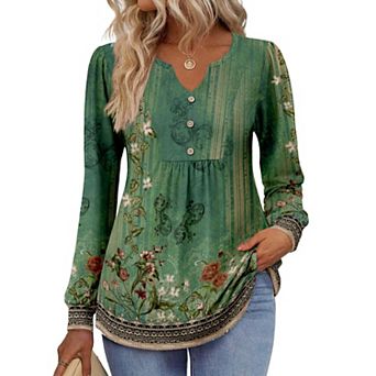 Zeagoo Women s Fall V Neck Button Blouse, Long Sleeve Pleated Boho Tunic Tops