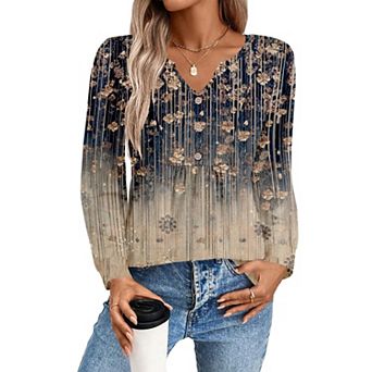 Zeagoo Women's Fall V Neck Button Blouse, Long Sleeve Pleated Floral Boho Tunic Tops