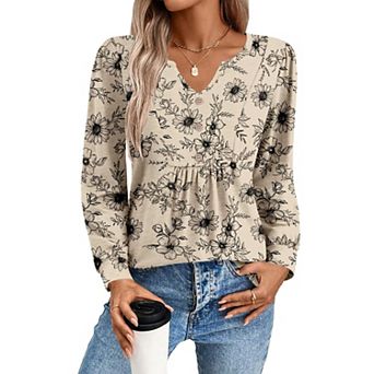 Zeagoo Women's Fall V Neck Button Blouse, Long Sleeve Pleated Floral Boho Tunic Tops