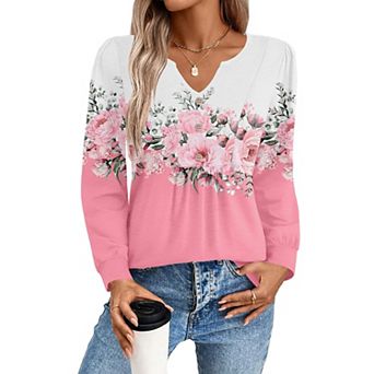 Zeagoo Women's Fall V Neck Button Blouse, Long Sleeve Pleated Floral Boho Tunic Tops