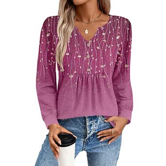 Zeagoo Women's Fall V Neck Button Blouse, Long Sleeve Pleated Floral Boho Tunic Tops