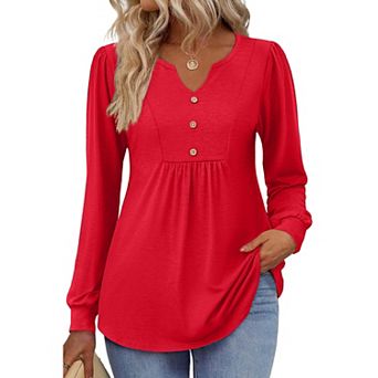 Zeagoo Women s Fall V Neck Button Blouse, Long Sleeve Pleated Boho Tunic Tops