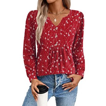 Zeagoo Women's Fall V Neck Button Blouse, Long Sleeve Pleated Floral Boho Tunic Tops