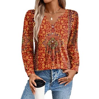 Zeagoo Women's Fall V Neck Button Blouse, Long Sleeve Pleated Floral Boho Tunic Tops