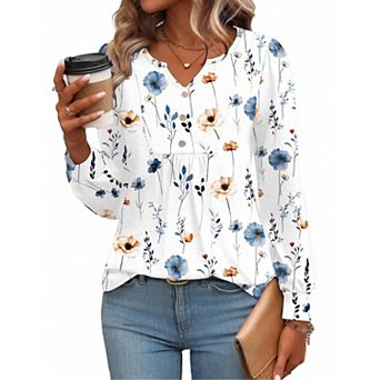 Zeagoo Women's Fall V Neck Button Blouse, Long Sleeve Pleated Floral Boho Tunic Tops