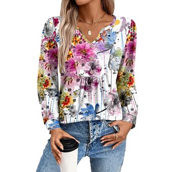 Zeagoo Women's Fall V Neck Button Blouse, Long Sleeve Pleated Floral Boho Tunic Tops