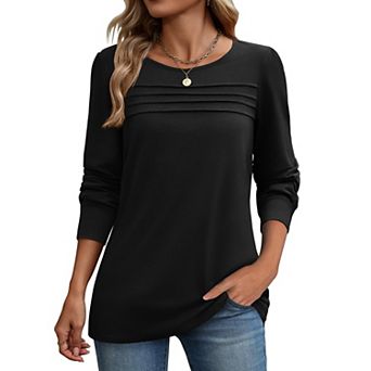 Zeagoo Women's Long Sleeve Crewneck Pleated Boho Tunic Tops Business Dressy Casual Blouses