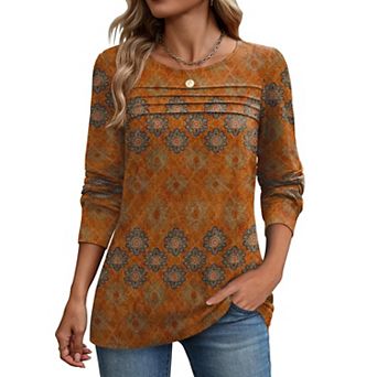Zeagoo Women's Long Sleeve Crewneck Pleated Boho Tunic Tops Business Dressy Casual Blouses