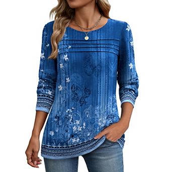 Zeagoo Women's Long Sleeve Crewneck Pleated Boho Tunic Tops Business Dressy Casual Blouses