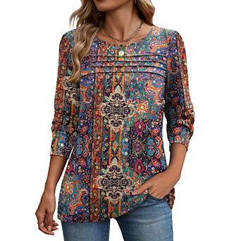 Zeagoo Women's Long Sleeve Crewneck Pleated Boho Tunic Tops Business Dressy Casual Blouses