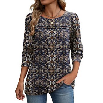 Zeagoo Women's Long Sleeve Crewneck Pleated Boho Tunic Tops Business Dressy Casual Blouses
