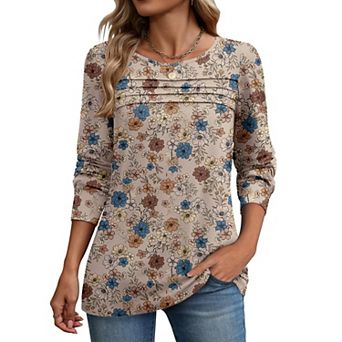 Zeagoo Women's Long Sleeve Crewneck Pleated Boho Tunic Tops Business Dressy Casual Blouses