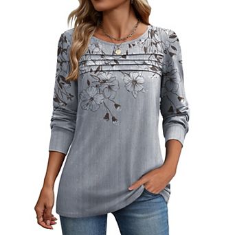 Zeagoo Women's Long Sleeve Crewneck Pleated Boho Tunic Tops Business Dressy Casual Blouses