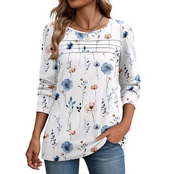 Zeagoo Women's Long Sleeve Crewneck Pleated Boho Tunic Tops Business Dressy Casual Blouses