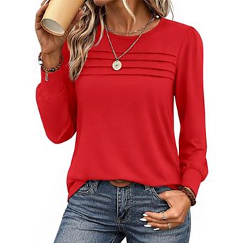 Zeagoo Women's Long Sleeve Crewneck Pleated Boho Tunic Tops Business Dressy Casual Blouses