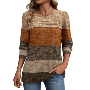 Zeagoo Women's Long Sleeve Crewneck Pleated Boho Tunic Tops Business Dressy Casual Blouses